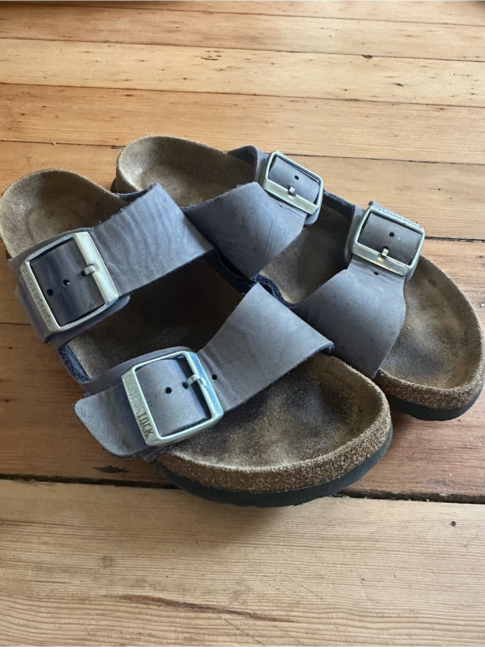 Birkenstock Blue-Gray Two-Strap Sandals with Silver Buckles
